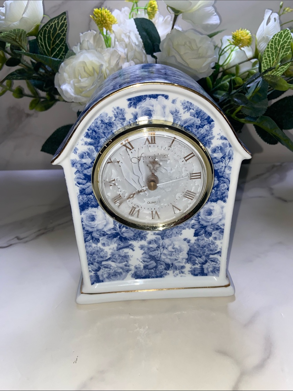 Formalities by Baum Brothers Chintz Porcelain Quartz Blue Floral Mantel Clock
